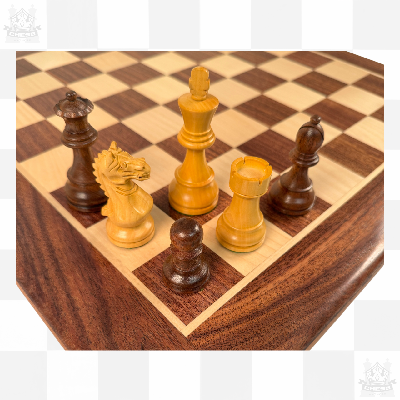 Wooden Chess Pieces 85mm Acacia and Boxwood - Chess And More shown on 40cm Acacia board (available separately)