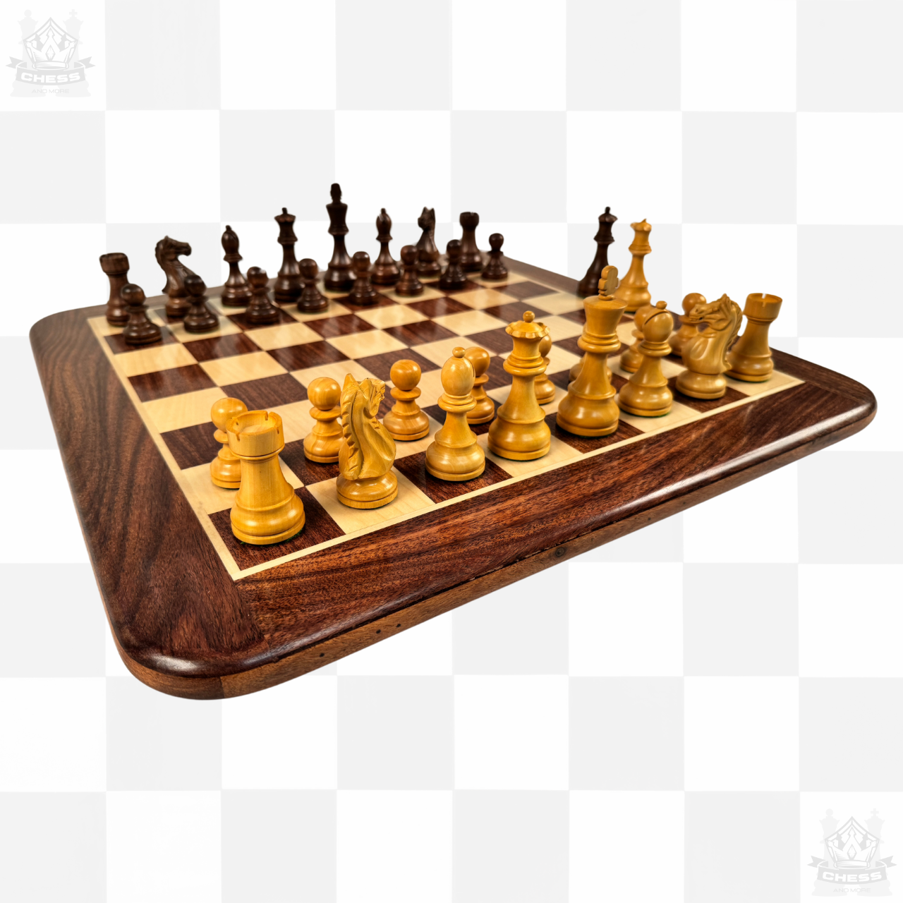 Wooden Chess Pieces 85mm Acacia and Boxwood - Chess And More. Shown on 40cm Board (sold separately) angle
