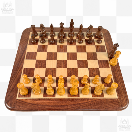 Wooden Chess Pieces 85mm Acacia and Boxwood - Chess And More. Shown on 40cm Board (sold separately)