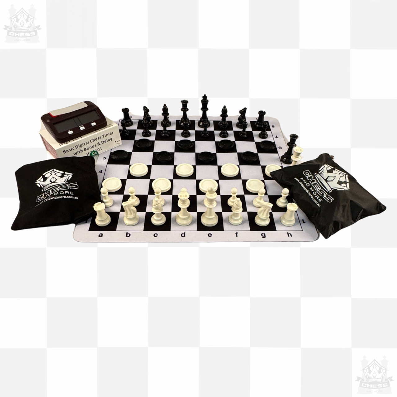 Premium Tournament Chess Set with Digital Clock and Checkers Pieces, Black and White Board - Chess And More
