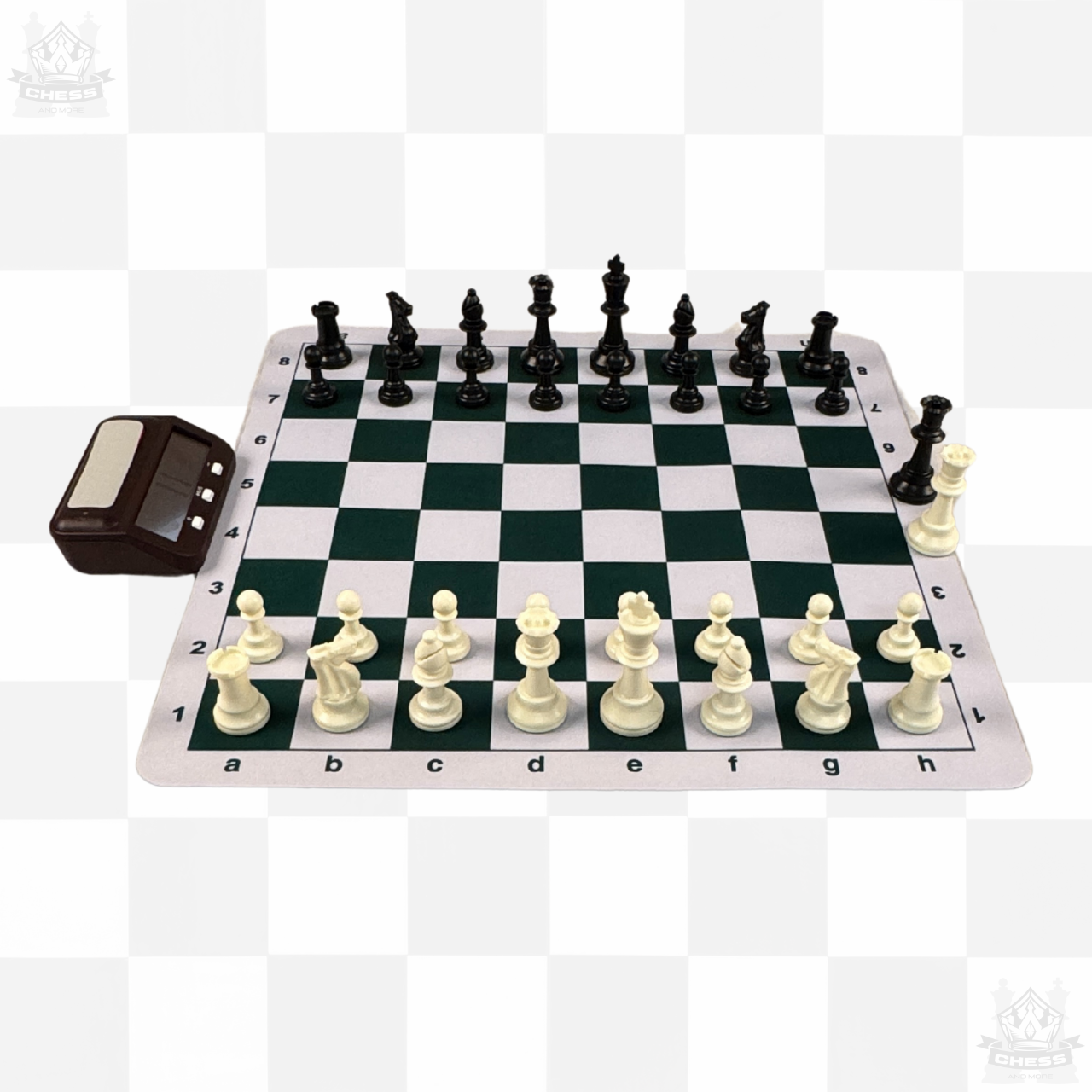 Premium Tournament Chess Set with Clock and Checkers The Ultimate Chess Set with 50cm Green and White Mousepad board and 95mm pieces - Chess And More shown with Digital Clock