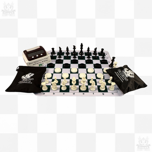 Premium Tournament Chess Set with Clock and Checkers The Ultimate Chess Set with 50cm Green and White Mousepad board and 95mm pieces - Chess And More