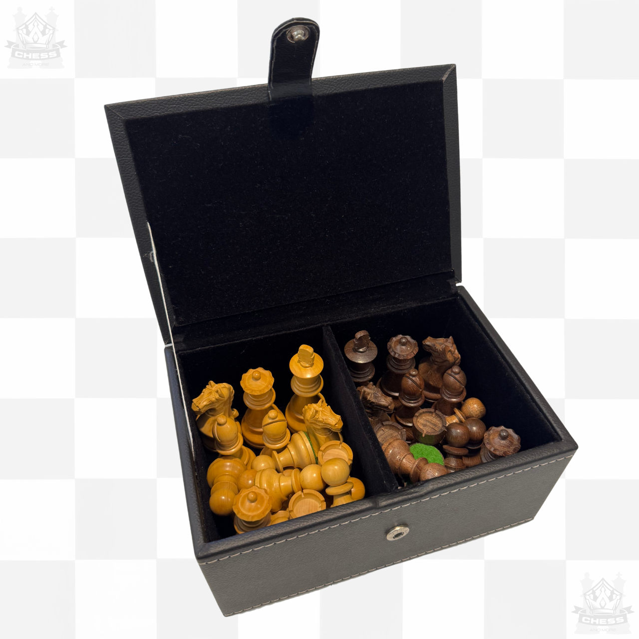 Black Leatherette Chessmen Storage Box shown with 95mm pieces – Chess And More