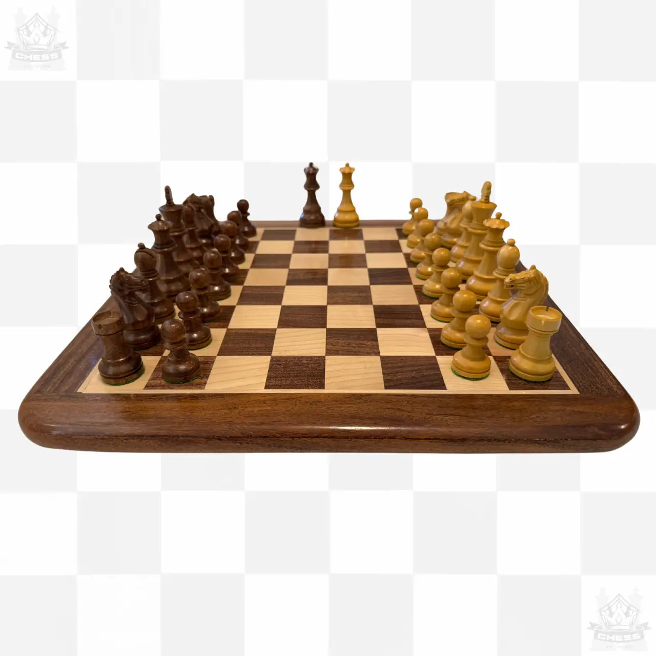 Luxury Wooden Chess Set 40cm Board with 85mm pieces Acacia and Boxwood Kings And Queens side view