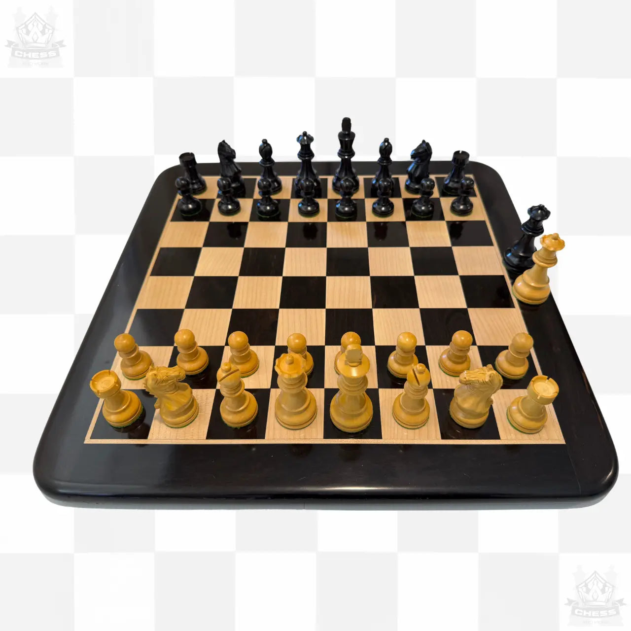 Ebony Chess Pieces 85mm shown on 45cm board (board sold separately)