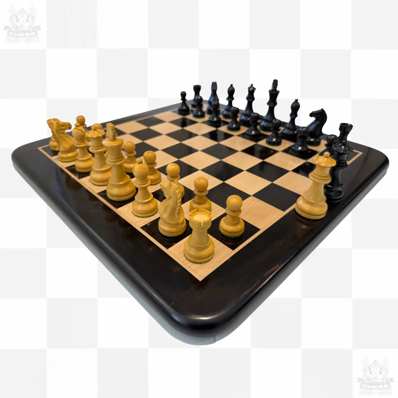 Wooden Chess Pieces Ebon 85mm shown on 45cm board (sold separately)