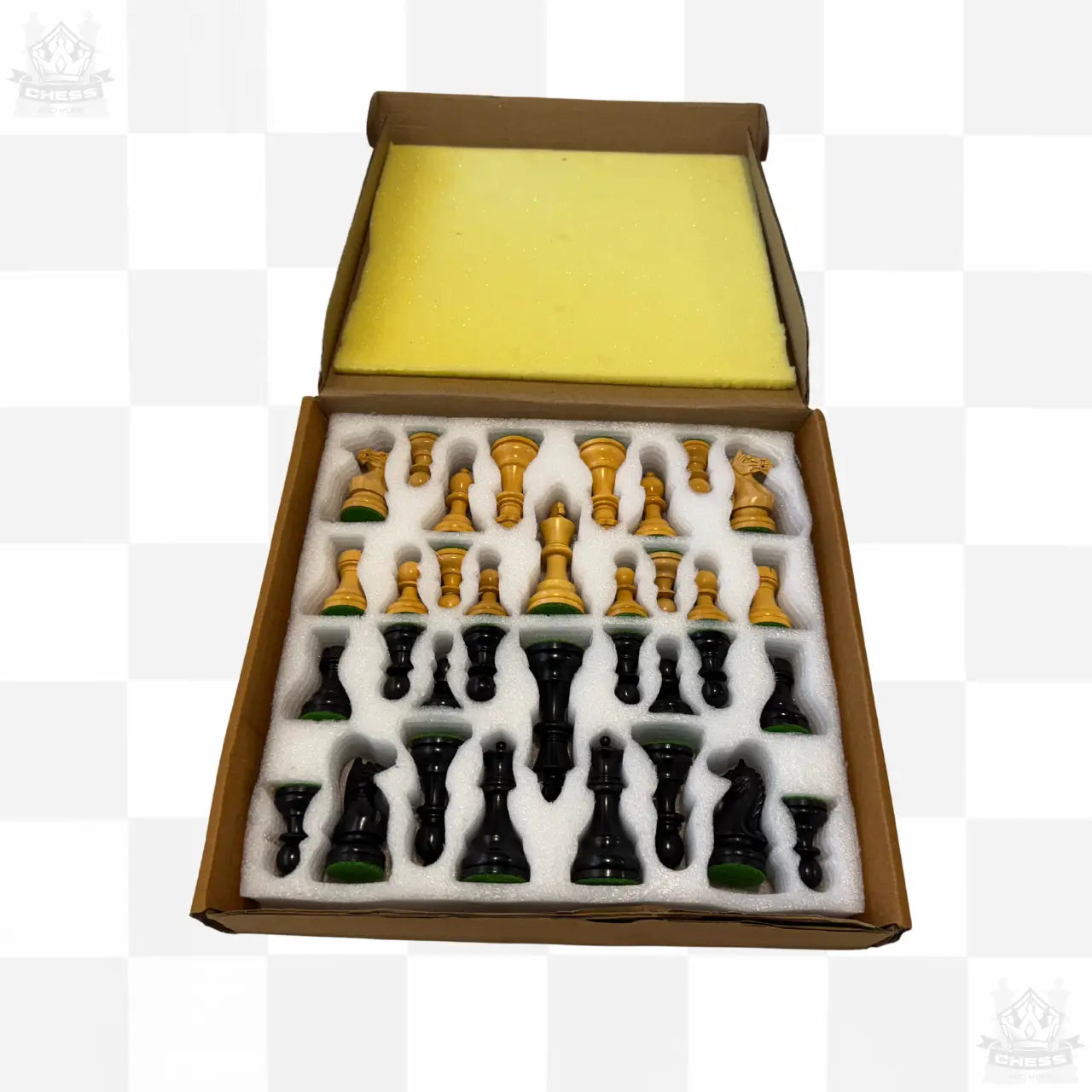 85mm Ebony and Boxwood Chess Pieces - Chess And More pieces in box