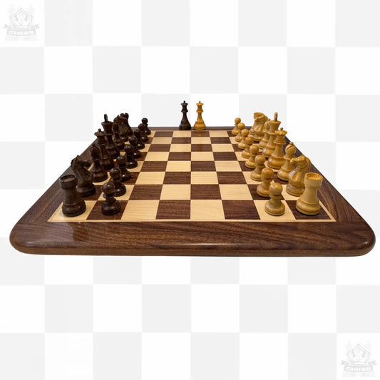 Wooden Chess Pieces 85mm Acacia and Boxwood - Chess And More. Shown on 40cm Board (available separately)
