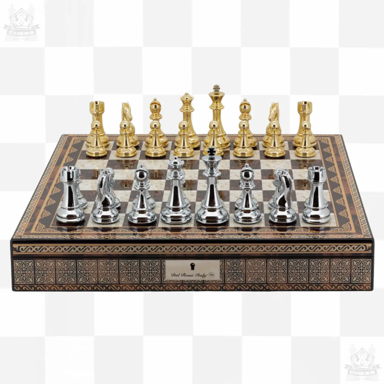Dal Rossi 50cm Chess Set with Mosaic Storage Board and Gold / Silver pieces - Chess And More set from the front