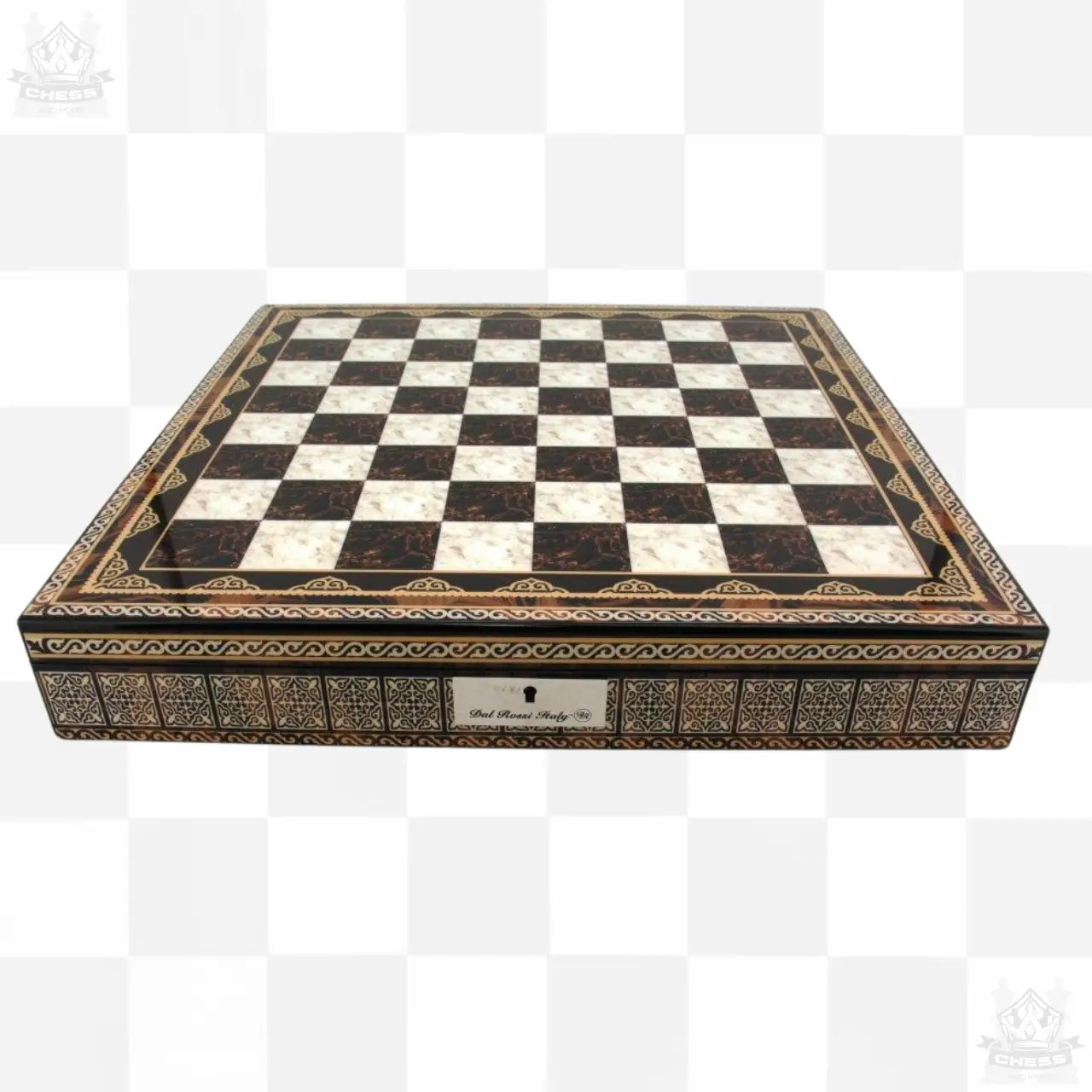 Dal Rossi 50cm Chess Set with Mosaic Storage Board and Gold / Silver pieces - Chess And More showing board without pieces.