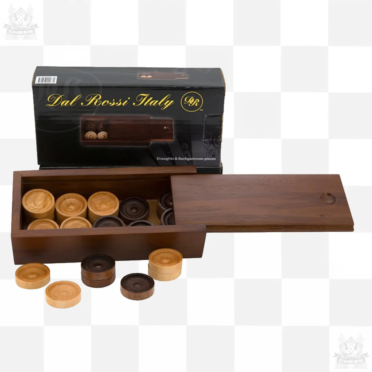 Dal Rossi Checkers, Draughts, Backgammon Pieces in a wooden box Dal Rossi