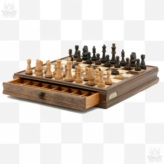 Dal Rossi 38cm Walnut Chess & Checkers Set with storage drawers Dal Rossi