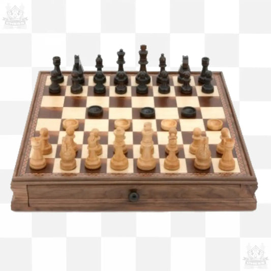 Dal Rossi 38cm Walnut Chess & Checkers Set with storage drawers Dal Rossi