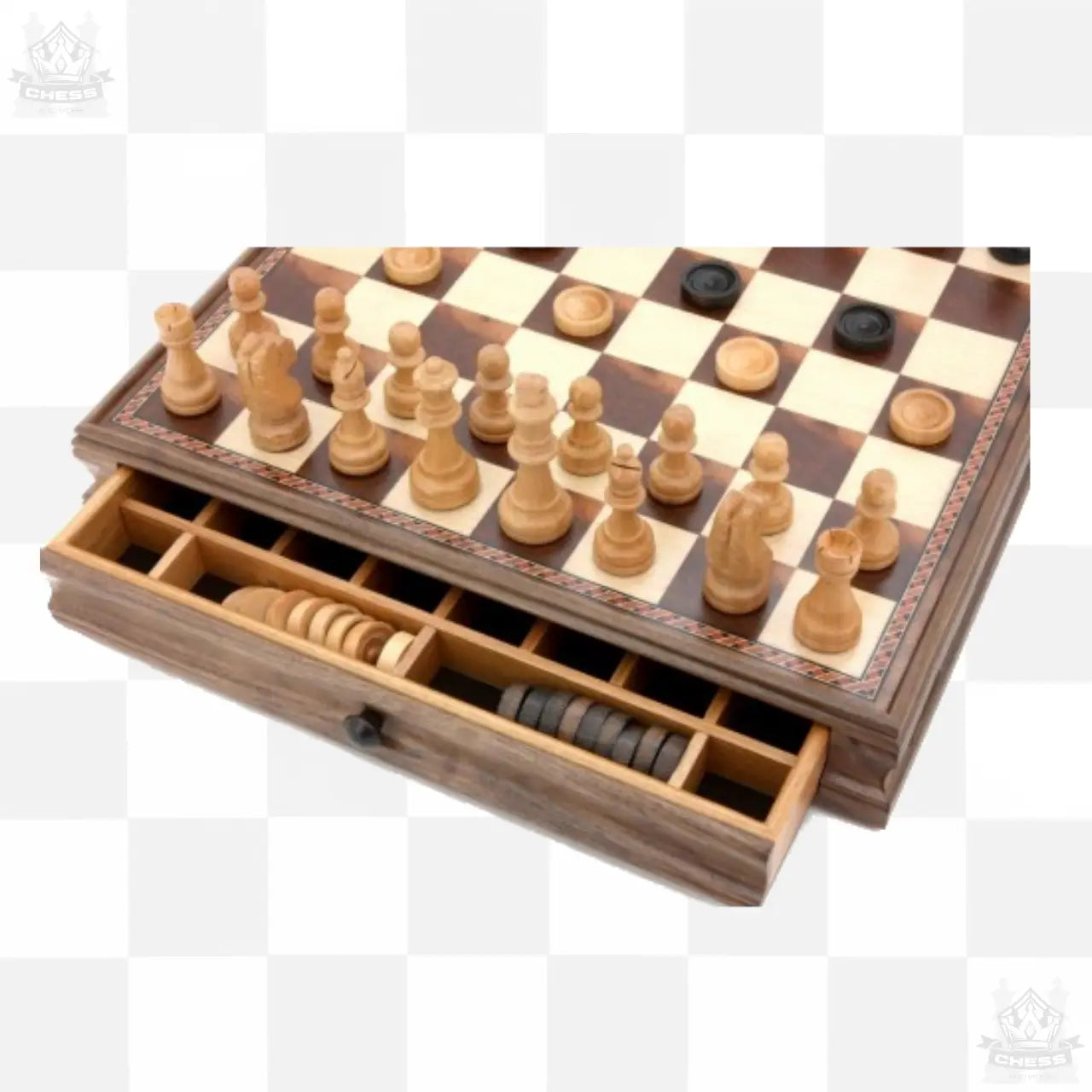 Dal Rossi 38cm Walnut Chess & Checkers Set with storage drawers Dal Rossi