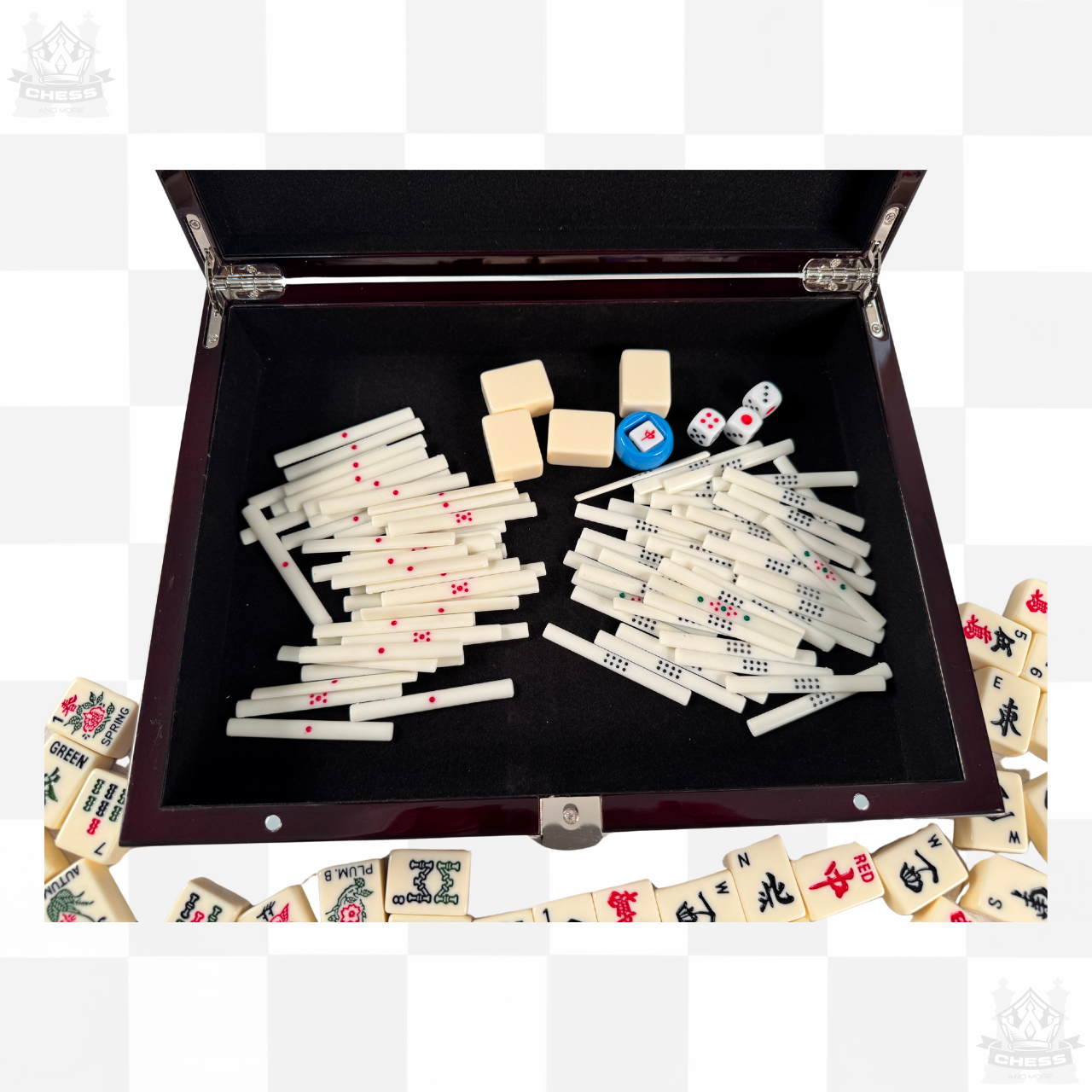 Dal Rossi Mahjong Set Mahogany storage case with sticks dice and tiles
