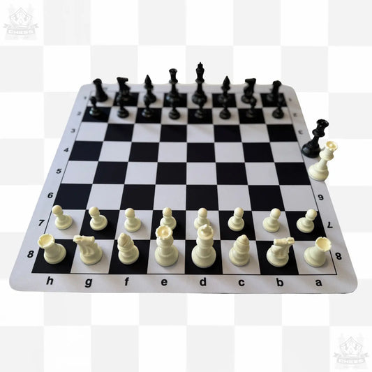 Tournament Chess Set – 50cm Black and White Rubber Mousepad Board & Double Weighted 95mm Chess Pieces - Chess And More set from the front