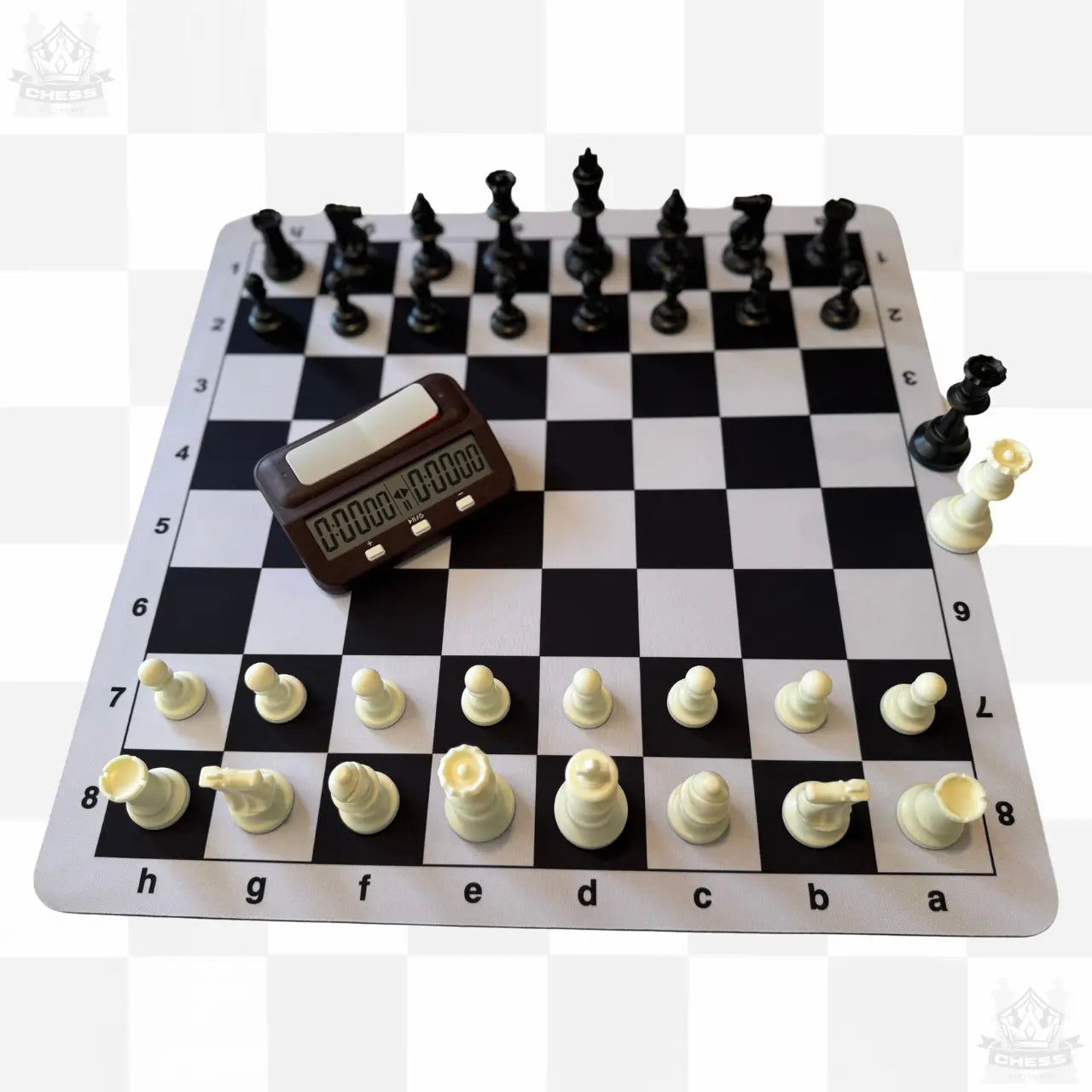 2-in-1 Tournament Chess & Checkers Set with Digital Chess Clock – Premium Game Bundle - Chess And More set from above with clock