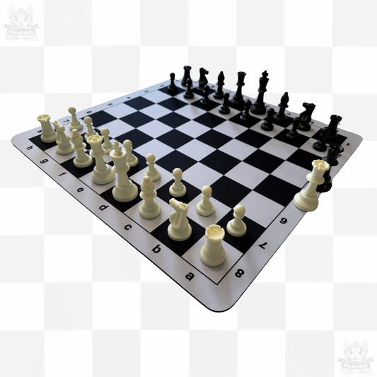 Tournament Chess Set – 50cm Black and White Rubber Mousepad Board & Double Weighted 95mm Chess Pieces - Chess And More front angle