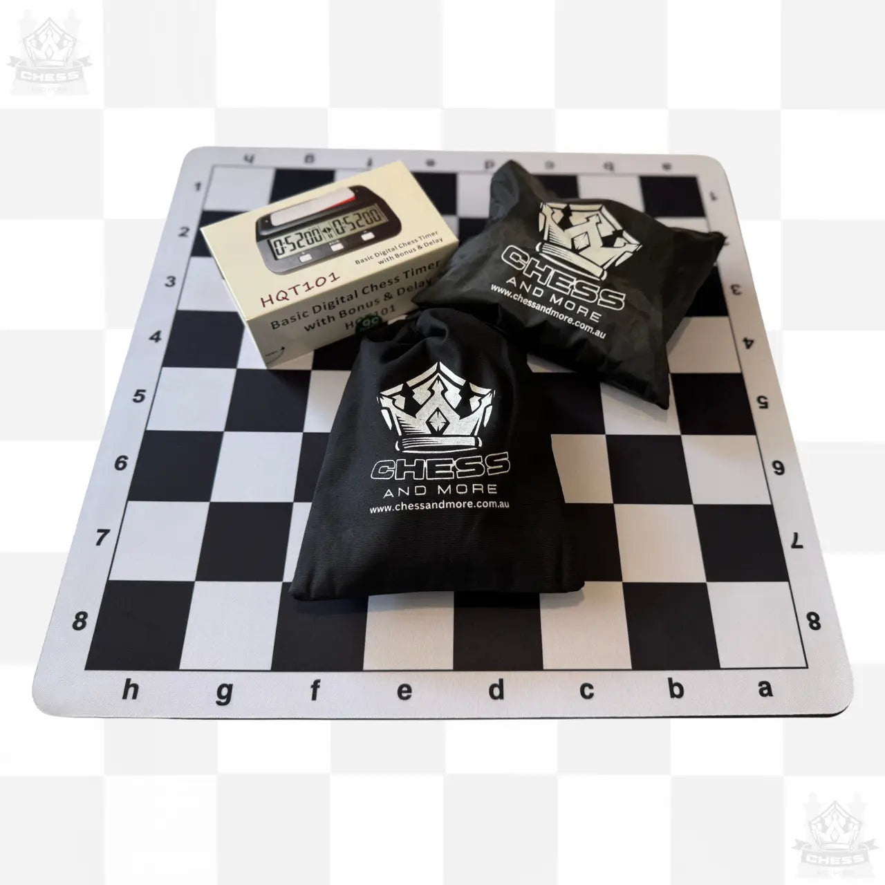2-in-1 Tournament Chess & Checkers Set with Digital Chess Clock – Premium Game Bundle - Chess And More shown with storage bags and clock