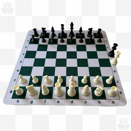 Tournament Chess Set – 50cm Green and White Rubber Mousepad Board & Double Weighted 95mm Chess Pieces - Chess And More set from the front