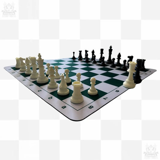 Tournament Chess Set – 50cm Green and White Rubber Mousepad Board & Double Weighted 95mm Chess Pieces - Chess And More set front angle