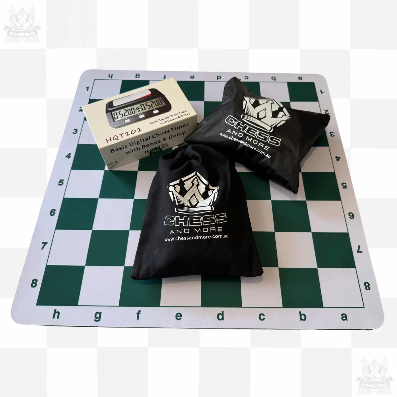 2-in-1 Tournament Chess & Checkers Set with Digital Chess Clock – Premium Game Bundle - Chess And More shown with storage bags and clock