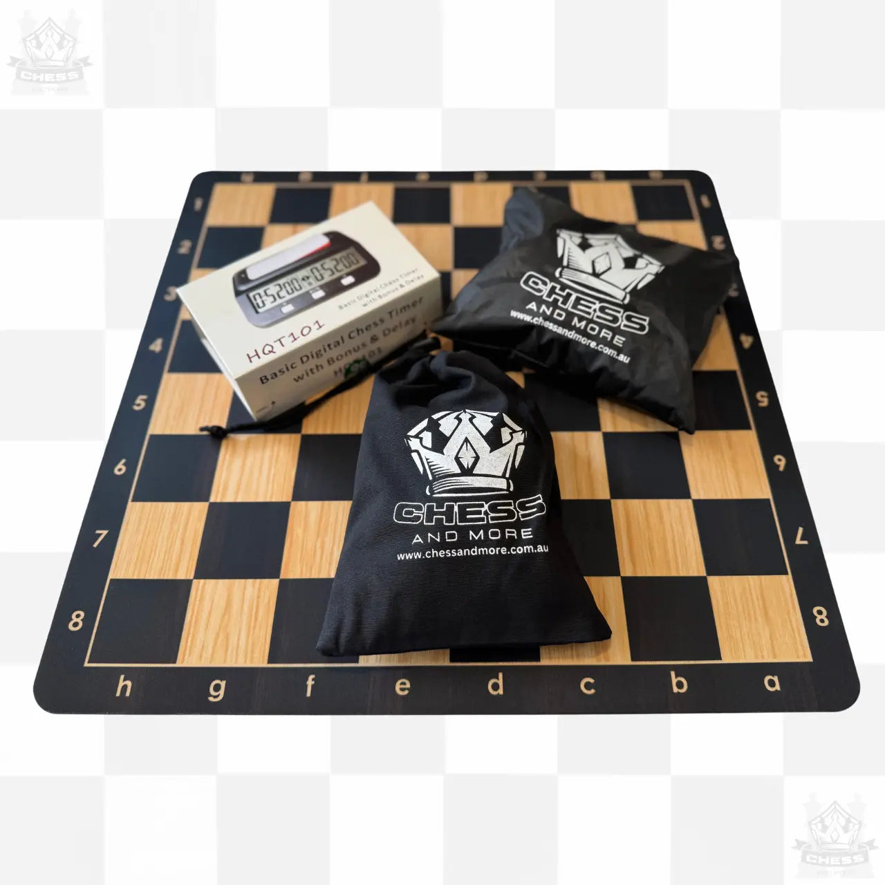 2-in-1 Tournament Chess & Checkers Set with Digital Chess Clock – Premium Game Bundle - Chess And More showing storage bags and clock