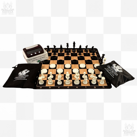 Premium Tournament Chess Set with Clock and Checkers - Chess And More woodgrain board