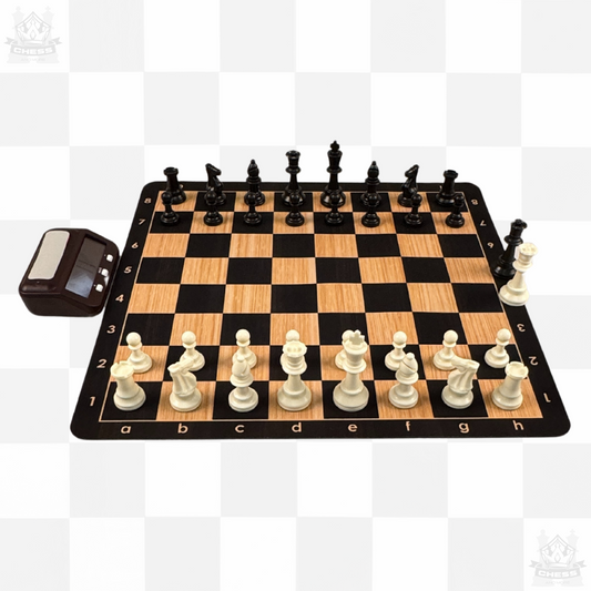 Premium Tournament Chess Set with Clock and Checkers - Chess And More woodgrain board chess and digital clock