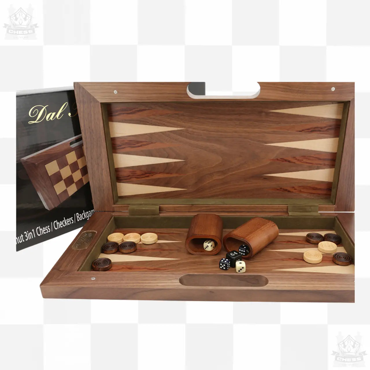 Dal Rossi 3-in-1 Chess / Checkers / Backgammon Walnut Folding Set 16″ - Chess And More