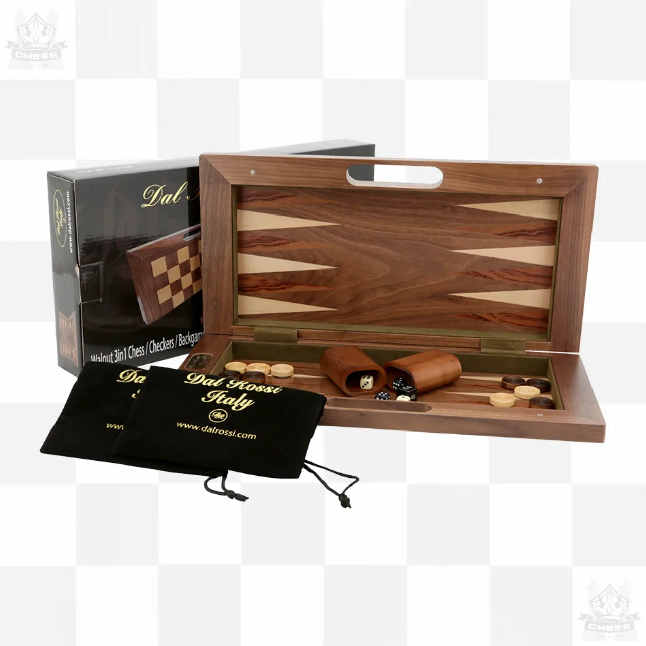 Dal Rossi 3-in-1 Chess / Checkers / Backgammon Walnut Folding Set 16″ - Chess And More