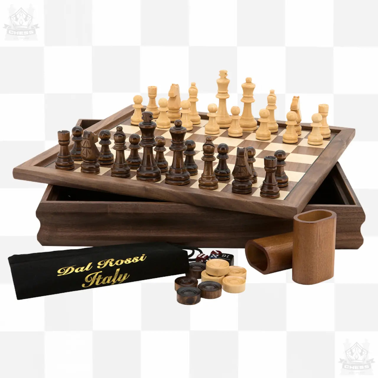 Dal Rossi 3-in-1 Wooden 14" Chess / Checkers / Backgammon flip top board - Chess And More