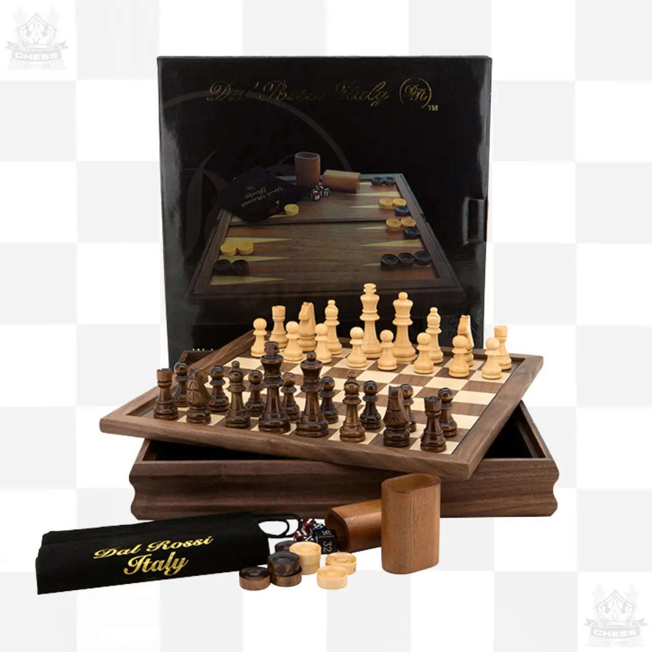 Dal Rossi 3-in-1 Wooden 14" Chess / Checkers / Backgammon flip top board - Chess And More