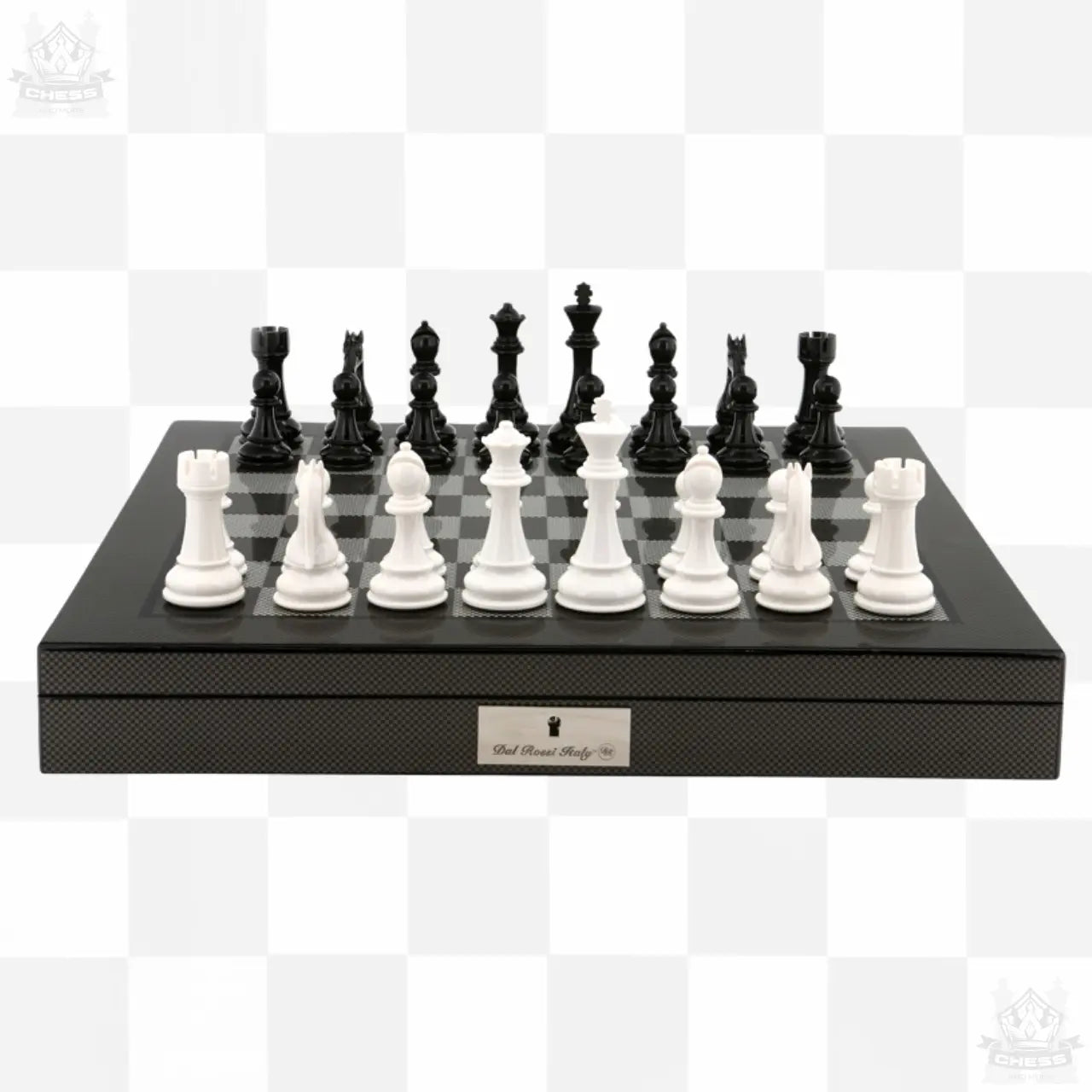 Dal Rossi 50cm Chess Set Carbon Fibre Storage Board and Black / White pieces - Chess And More