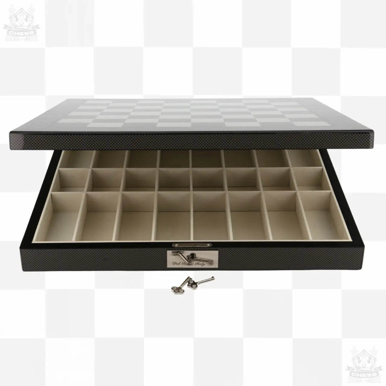 Dal Rossi 50cm Chess Set Carbon Fibre Storage Board and Black / White pieces - Chess And More