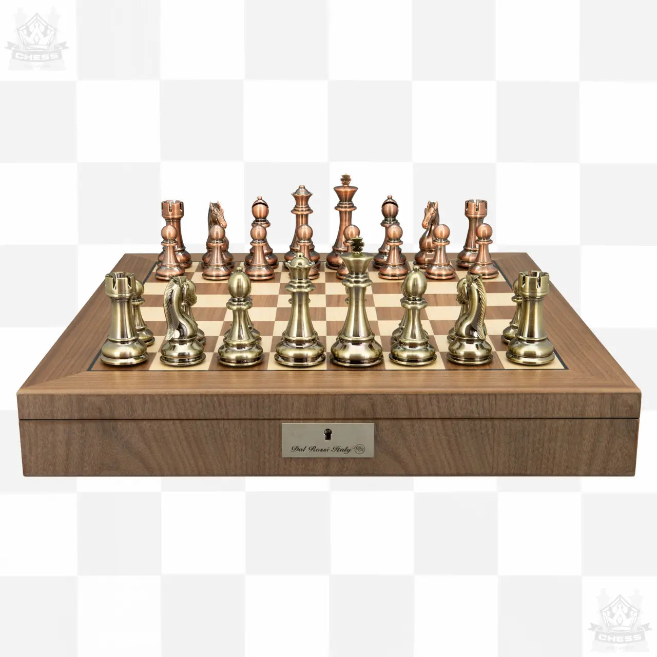 Dal Rossi 50cm Chess Set with Walnut Storage Board and Bronze / Copper pieces - Chess And More