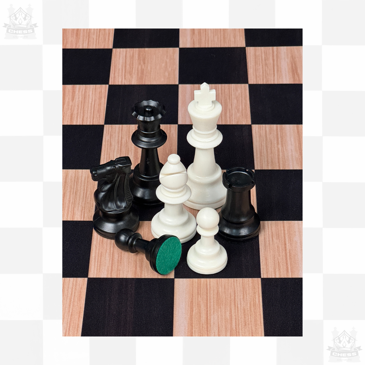 Tournament Chess Pieces 95mm King Double Weighted Chess And More, shown on Woodgrain board